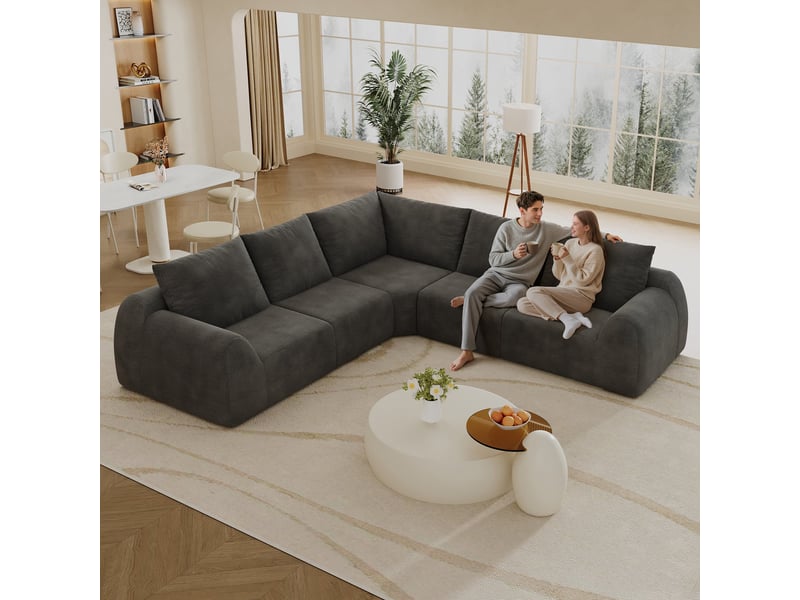 Canapé compressé 5 places, 267 x 267 x 85 cm, mousse haute élasticité, tissu chenille, sans montage, gris foncé - Conforama E
