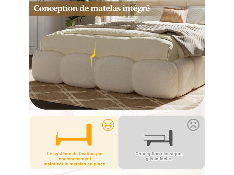  Lit coffre hydraulique 140x190 cm rembourré en bouclé blanc avec tête de lit capitonnée, grand rangement et sommier à lattes Morn Vibe - Conforama D