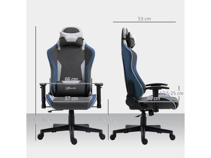  Chaise de gaming inclinable à 150° avec fonction bascule en tissu effet lin grise dimensions 66x53x128-138 cm  - Conforama C