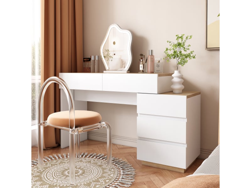  Coiffeuse+commode 125x38.9x76cm, 5 tiroirs, rangement, meuble chambre, panneau de particules blanc+naturel  - Conforama E