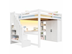 Lit mezzanine 140 x 200 cm blanc avec bureau, étagères, armoire, escalier de rangement, usb et led