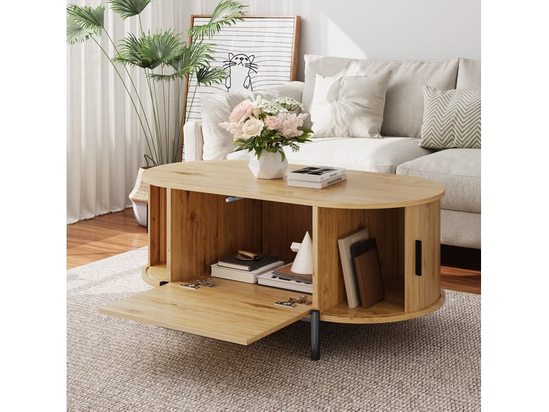  Table basse ovale en rotin 100x50x40 cm, espace de rangement, portes coulissantes, pour salon, mdf, couleur naturel  - Conforama B