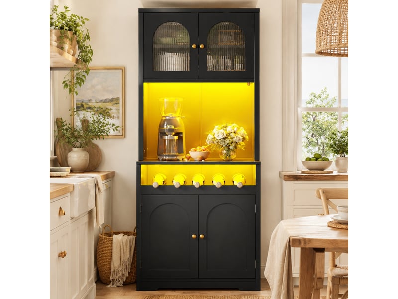 Buffet de cuisine led avec 4 portes dont 2 vitrées, porte-bouteilles et étagères réglables, noir, 70 × 38,3 × 180 cm - Conforama C