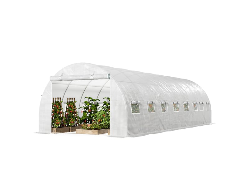  Serre de jardin tunnel 24m² 8l x 3l x 2h m - 16 fenêtres, porte zippée enroulable acier galvanisé, bâche pe, blanc  - Conforama B