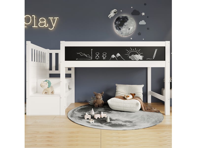  Lit mezzanine enfant 90x200 cm avec escalier de rangement et tableau,coloris blanc  - Conforama E