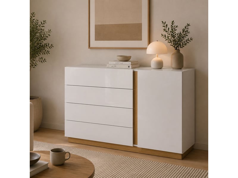  Buffet halana, commode 4 tiroirs, 138x40x91h cm blanc brillant Halana - Conforama B