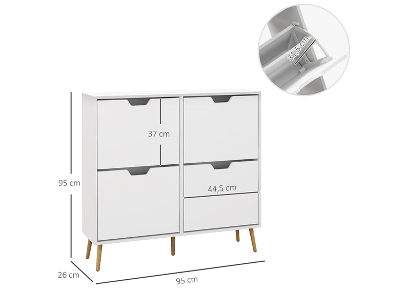  Meuble à chaussures 4 abattants 16 paires avec étagère réglable pieds en bois de pin 95 x 26 x 95 cm blanc  - Conforama D