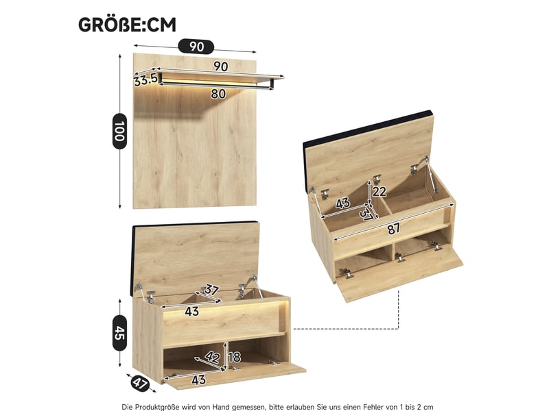  Set d'entrée avec porte-manteau mural et banc à chaussures 90x47x145 cm, led, mdf, bois clair, meuble d'entrée  - Conforama C