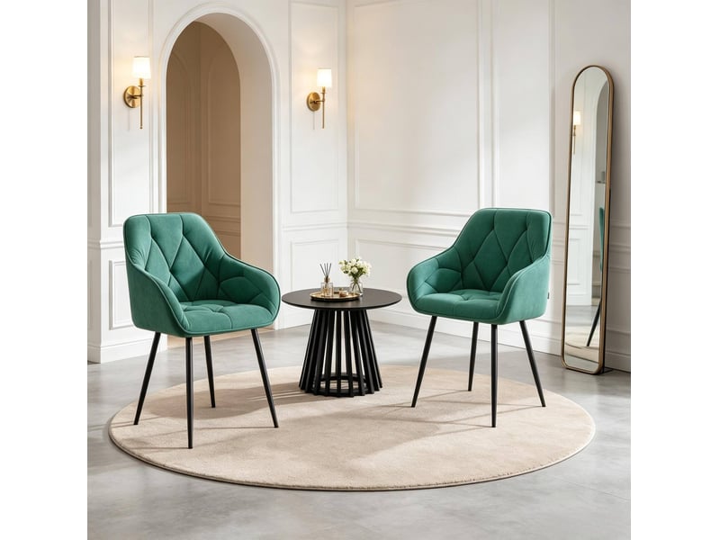  Lot de 2 chaises de salle à manger 45,5x45x83,5 cm avec accoudoirs, pour salle à manger, velours, vert, pieds en métal  - Conforama E