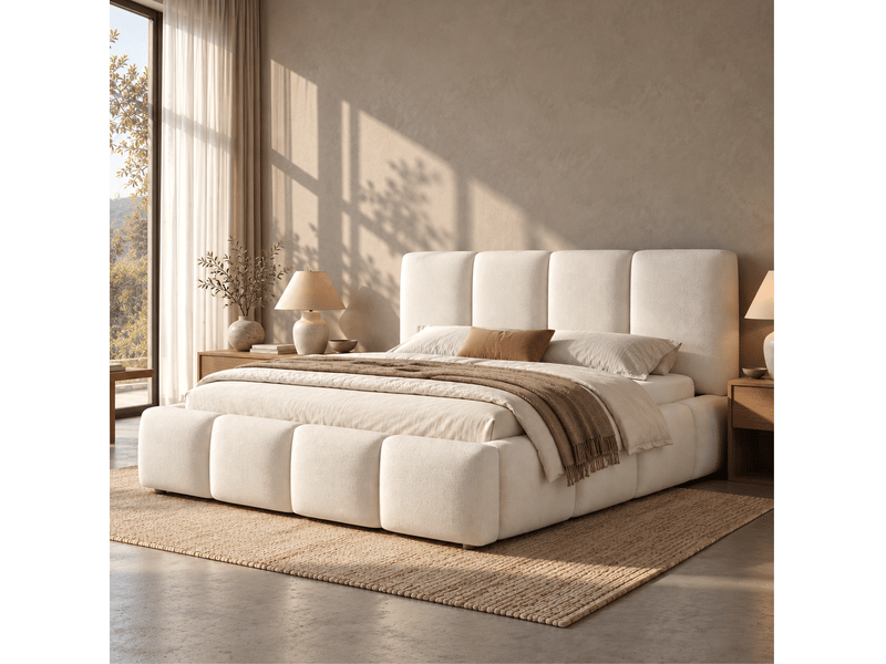  Lit coffre 2 places 160x200 cm avec sommier à lattes bouclé blanc  - Conforama E