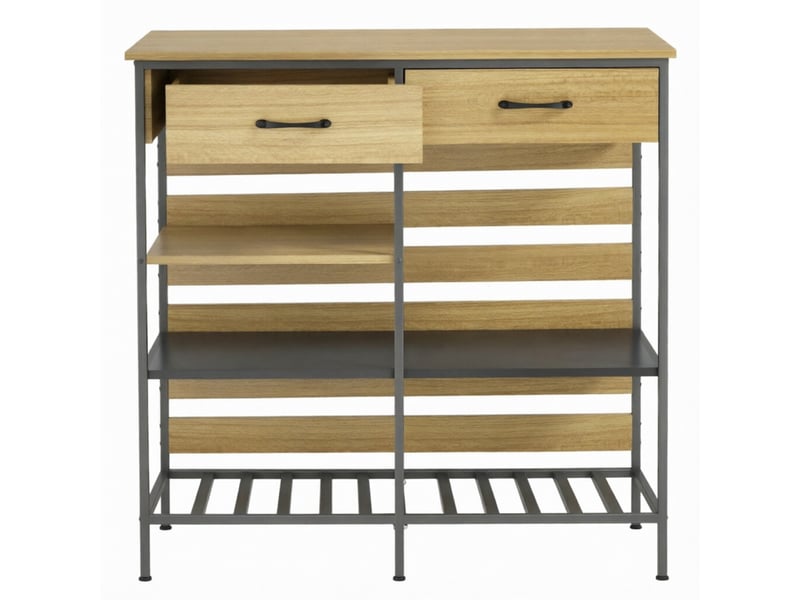  Buffet de cuisine industriel, meuble de rangement 2 tiroirs et étagères, cadre en acier robuste, 90x40x91 cm, bois naturel et noir  - Conforama W