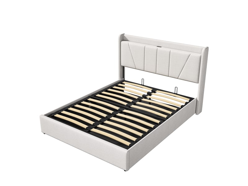Lit coffre 2 places 160x200 cm, lit adulte double avec rangement, 2 ports usb et 1 type-c, design simple, lin beige - Conforama A