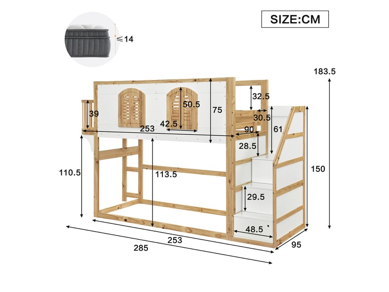  Lit mezzanine blancnaturel 90x200 cm, pin massif, mdf et contreplaqué, escalier de rangement et espace de jeu à fenêtres  - Conforama C