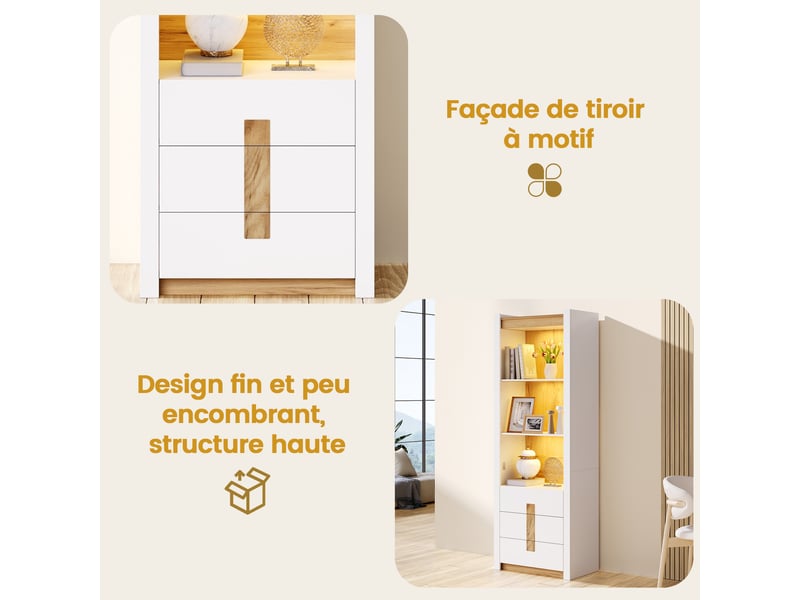  Vitrine haute 63x41,5x200 cm avec led bluetooth, 3 tiroirs et 3 étagères réglables, bibliothèque meuble rangement salon - blanc  - Conforama D