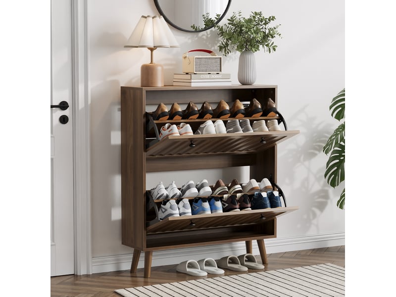 Meuble à chaussures en bois foncé 80 cm, 2 compartiments abattants et niche ouverte pour votre entrée  - Conforama B