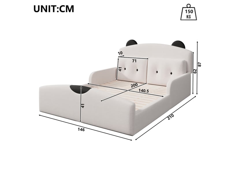  Lit double plateforme 140x200cm avec tête de lit motif ours, 2 coussins décoratifs, tissu lin blanc evarich - Conforama C