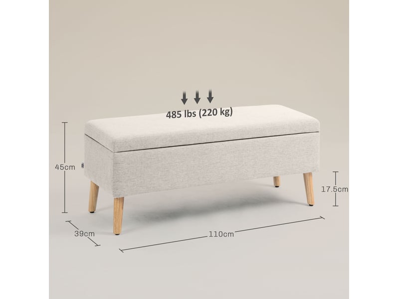  Banc de rangement 110 x 39 x 45 cm beige, polyester aspect lin et piètement en bois d'hévéa  - Conforama C