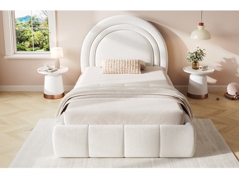  Lit coffre enfant 90x200 cm en bouclé beige avec sommier à lattes  - Conforama W
