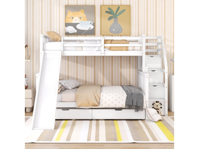Lit superposé 140x200 cm - lit enfant avec 3 tiroirs et barrières de sécurité - protection antichute - sans matelas - blanc - Conforama B