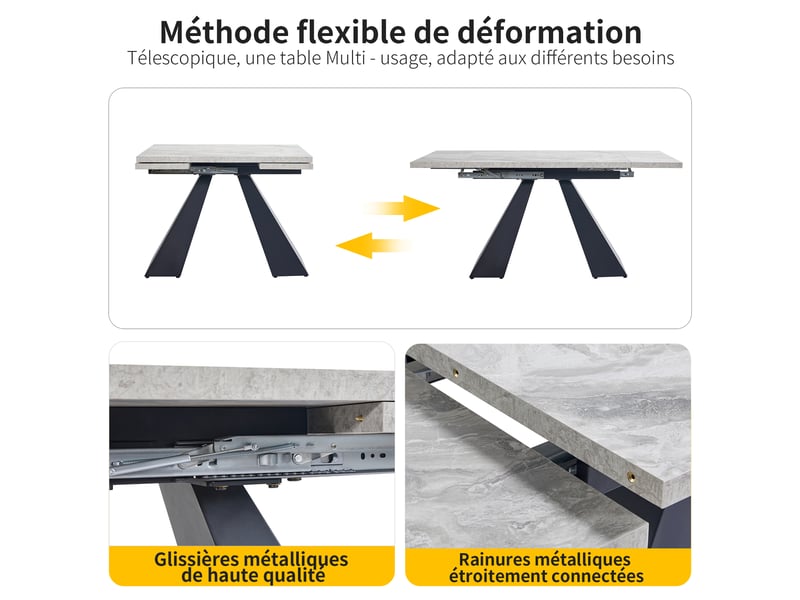  Table extensible avec plateau large coulissant et pieds en métal, pour salle à manger, mdf effet marbre noir et gris  - Conforama C