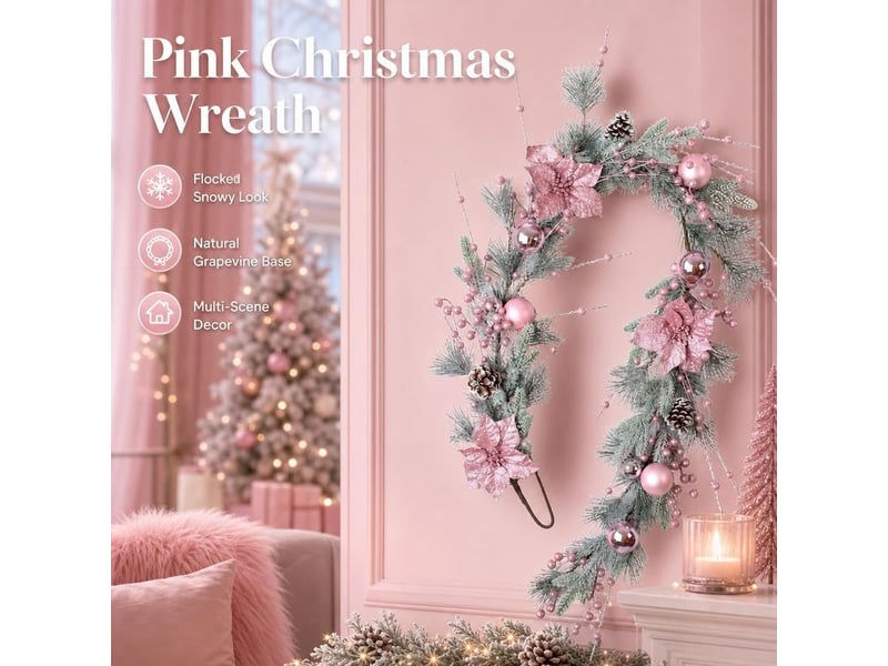  Couronne de noël rose vif 180cm, effet floqué enneigé – décoration de porte et intérieur  - Conforama C