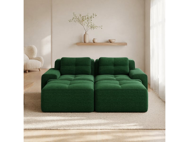  Canapé modulable ulevr 2 places en u avec ottomans, velours côtelé vert, assise profonde 74 cm, 204 x 177 x 69 cm, sans montage  - Conforama B