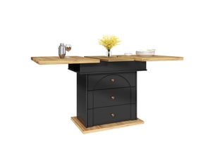 Table à manger extensible rectangulaire 110-140 x 80 cm, mdf, noir et bois naturel, avec rangement