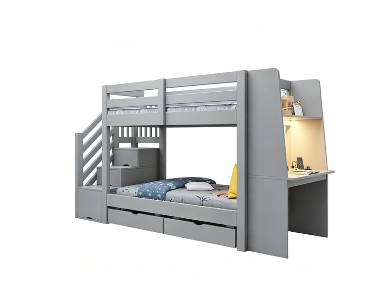 Lit superposé enfant 90x200 cm gris bois avec bureau intégré échelle rangement led prises et tiroirs pour adolescent et adulte Sol Morn - Conforama A