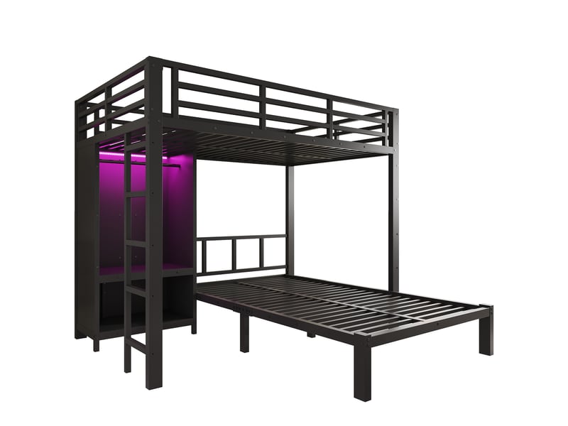  Lit Mezzanine Superposé 120x200 cm en Métal avec 2 Couchages, Armoire Intégrée, Échelle et Éclairage LED - Noir  - Conforama E