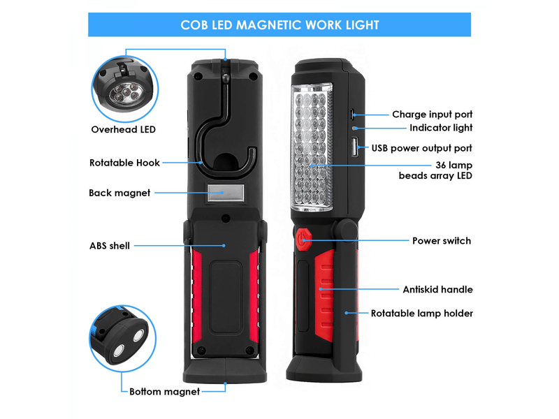  Lampe de poche rechargeable, lampe d'inspection, lampe de travail led cob magnétique, lampe pour voiture, garage, mécanicien, maison  - Conforama B