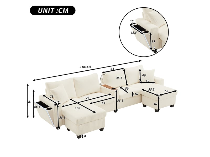 Canapé modulable en u 334x128,5 cm – beige – 2 poufs de rangement, led, lampe de lecture, usb et type-c - Conforama C