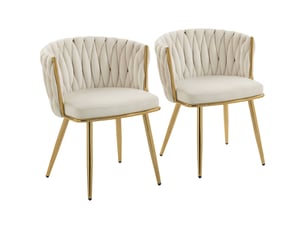 Lot de 2 chaises de salle à manger, chaises de cuisine rembourrées en velours avec dossier tressé et accoudoirs, crème