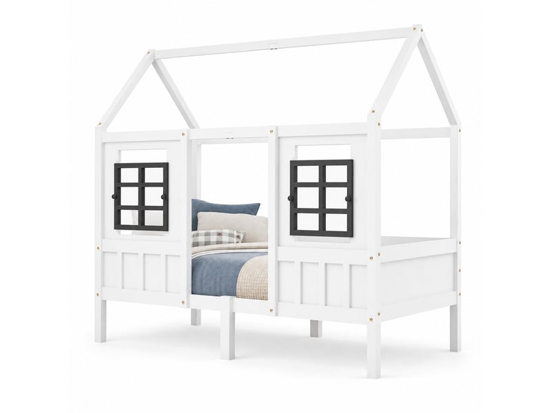  Lit cabane en bois, lit simple avec 2 fenêtres, barrières et pieds centraux, 200x90 cm, sans matelas, blanc  - Conforama A