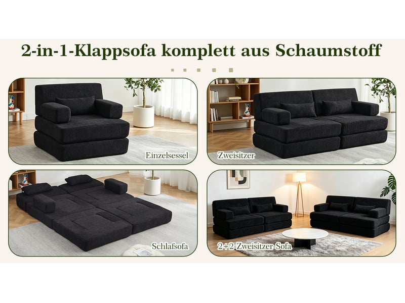  Canapé-lit modulaire 2 places – noir – chenille convertible 2-en-1 avec cadre en fer et dossier haut  - Conforama D