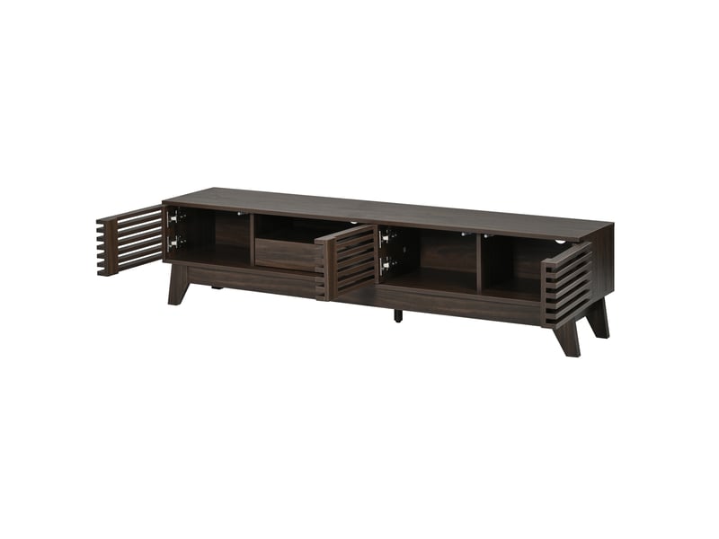  Meuble tv 170x35x40 cm – noyer foncé – 3 portes, tiroir, niches ouvertes et façades rainurées en mdf  - Conforama D