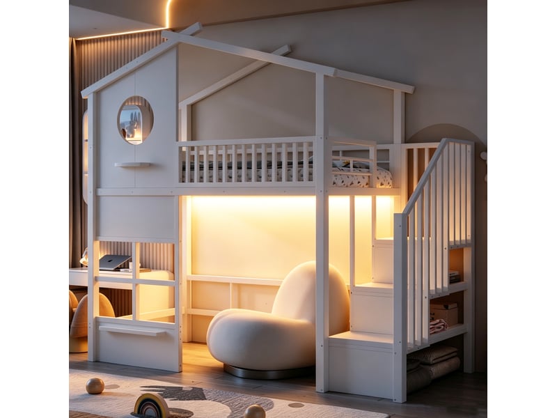 Lit mezzanine 90x200 cm avec bande led et escalier avec rangement, métal, couleur blanc sans matelas - Conforama E