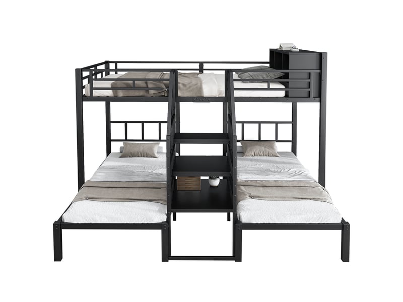  Lit superposé 90x200 cm et 140x200 cm, trois couchages avec escalier sécurisé, lit enfant, métal, noir sans matelas  - Conforama A