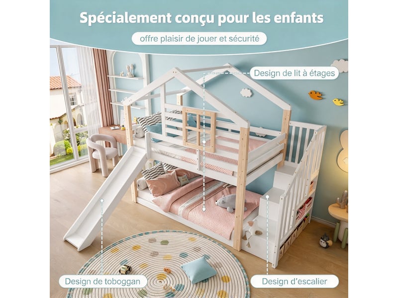  Lit superposé enfant 90x200 cm avec toboggan et escalier de rangements, barrières de sécurité, bois massif, blanc  - Conforama E