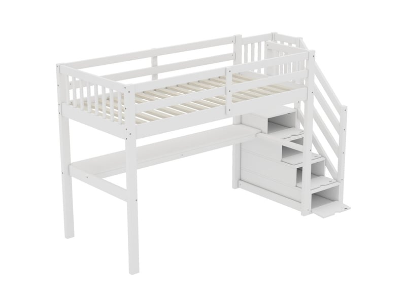 Lit mezzanine, 90 x 200 cm, lit enfant avec rangements, tiroirs et bureau en dessous, matériau en bois de pin, blanc - Conforama E