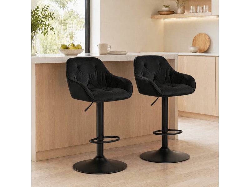  Tabouret de bar pivotant réglable en hauteur avec dossier, repose-pieds et assise rembourrée, en velours noir  - Conforama C
