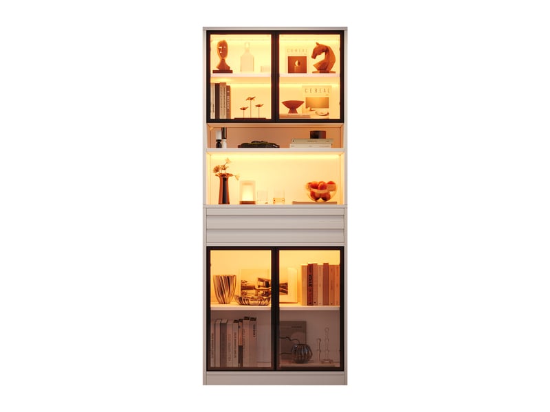  Vitrine blanche mdf 80x35x200 cm, meuble à 4 portes vitreées et 1 tiroir, rangement collection  - Conforama A
