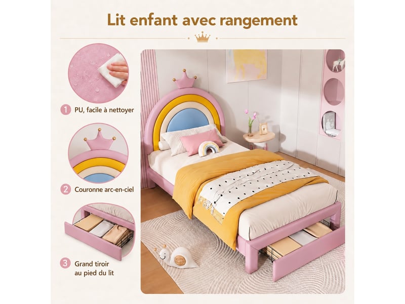 Lit coffre 90x200 cm, lit simple avec rangement, tête de lit rembourrée, evêtement pu rose, sans matelas - Conforama D