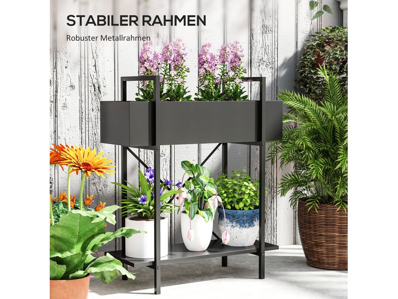  Support plantes 2 niveaux 60x25x70 cm – noir – métal avec drainage et rangement extérieur intérieur  - Conforama E