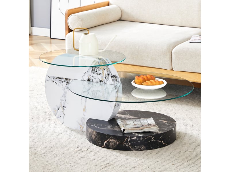  Table basse à 2 plateaux ronds en verre de sécurité, structure mdf aspect marbre, style moderne, pour salon, blanc et noir  - Conforama B