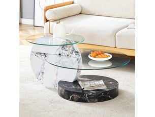 Table basse à 2 plateaux ronds en verre de sécurité, structure mdf aspect marbre, style moderne, pour salon, blanc et noir