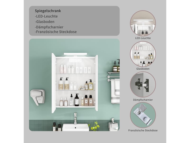  Meuble miroir salle de bain mural 60cm blanc led, prise fr, portes asymétriques, préassemblé  - Conforama E