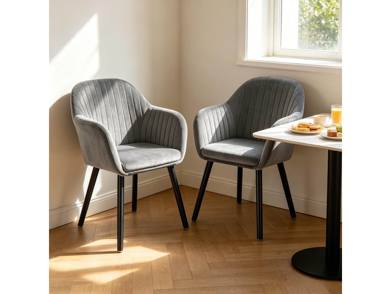  Lot de 2 chaises de salle à manger avec accoudoirs en velours gris foncé et noir  - Conforama C