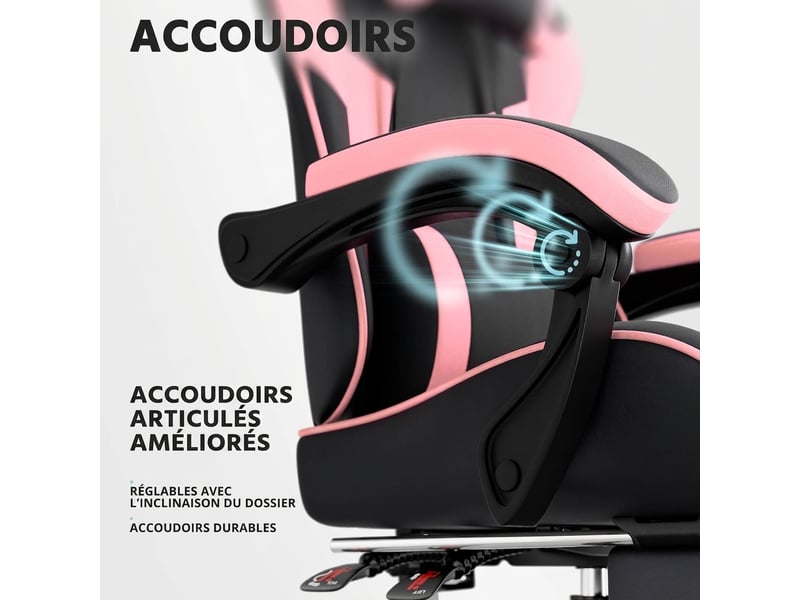  Chaise gamer ergonomique en cuir pu respirant, charge maximale 200 kg, fauteuil gamer noir et rose  - Conforama E