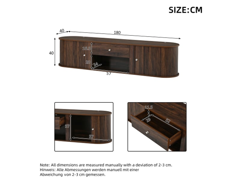  Meuble tv bas rond 180x40x40 cm – 2 portes coulissantes + tiroir, tv jusqu’à 75 pouces, finition noyer  - Conforama C