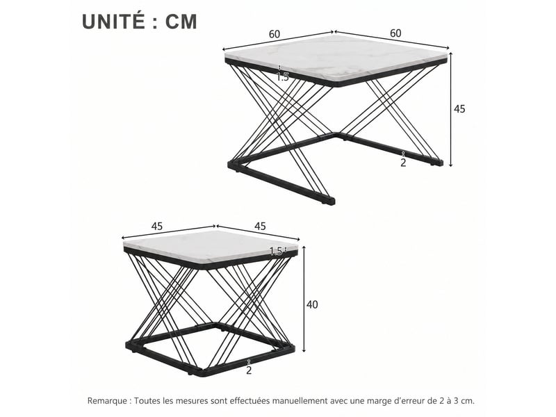  Ensemble de deux tables basses carrées, effet marbre brillant, pieds réglables, blanc et noir  - Conforama E